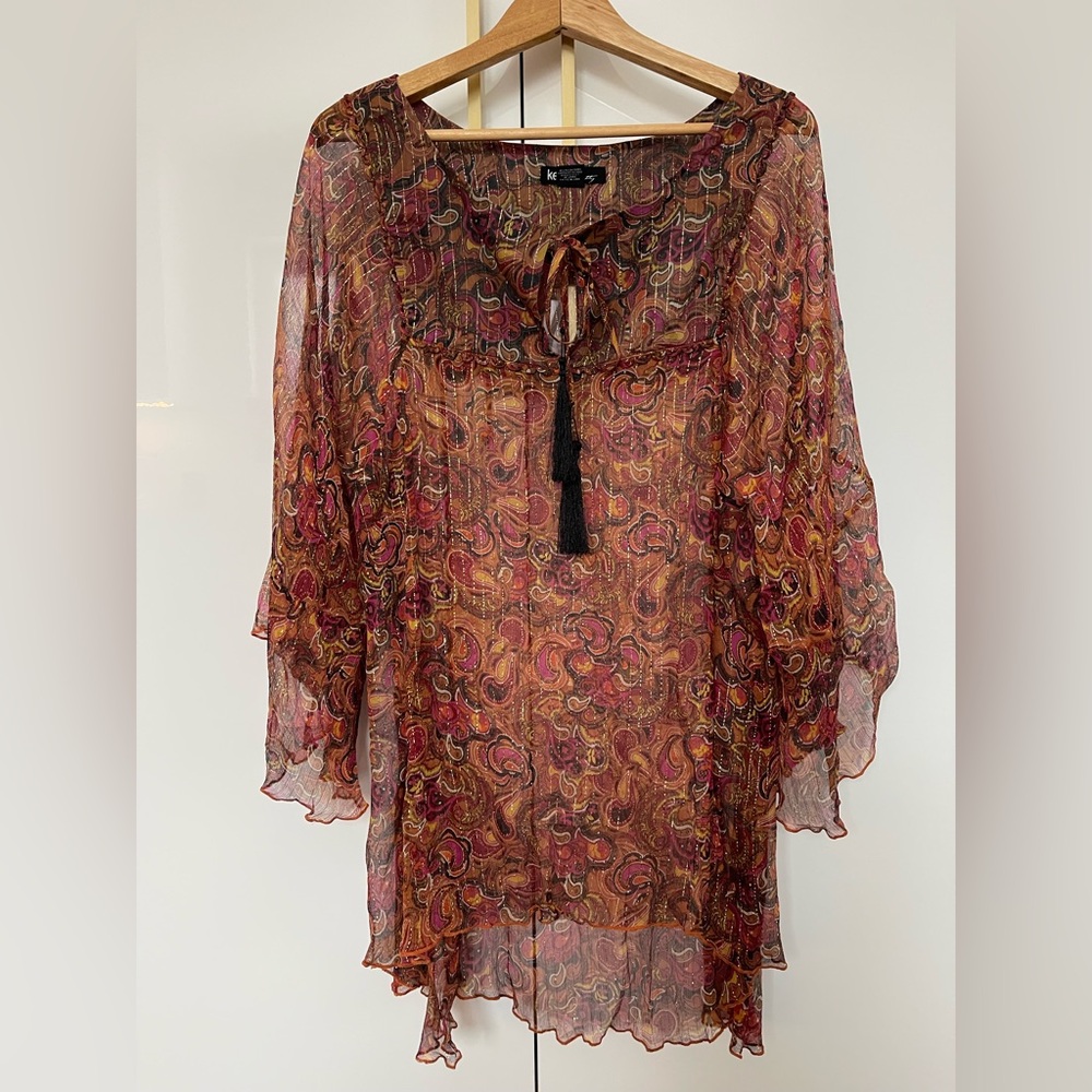 Kensie Sheer Paisley Tie-Neck Blouse in Burgundy Multi